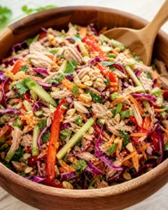 wooden bowl of colorful shredded chicken salad with peppers, cabbage, cucumber, cilantro, and crushed peanuts.