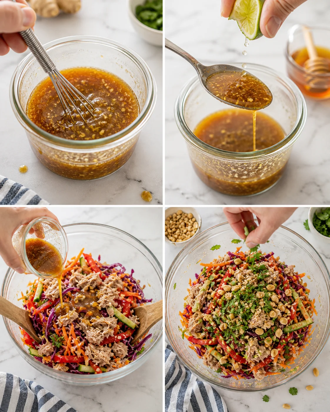 Four-panel collage showing dressing whisking, lime squeezing, and a colorful tuna slaw being dressed.