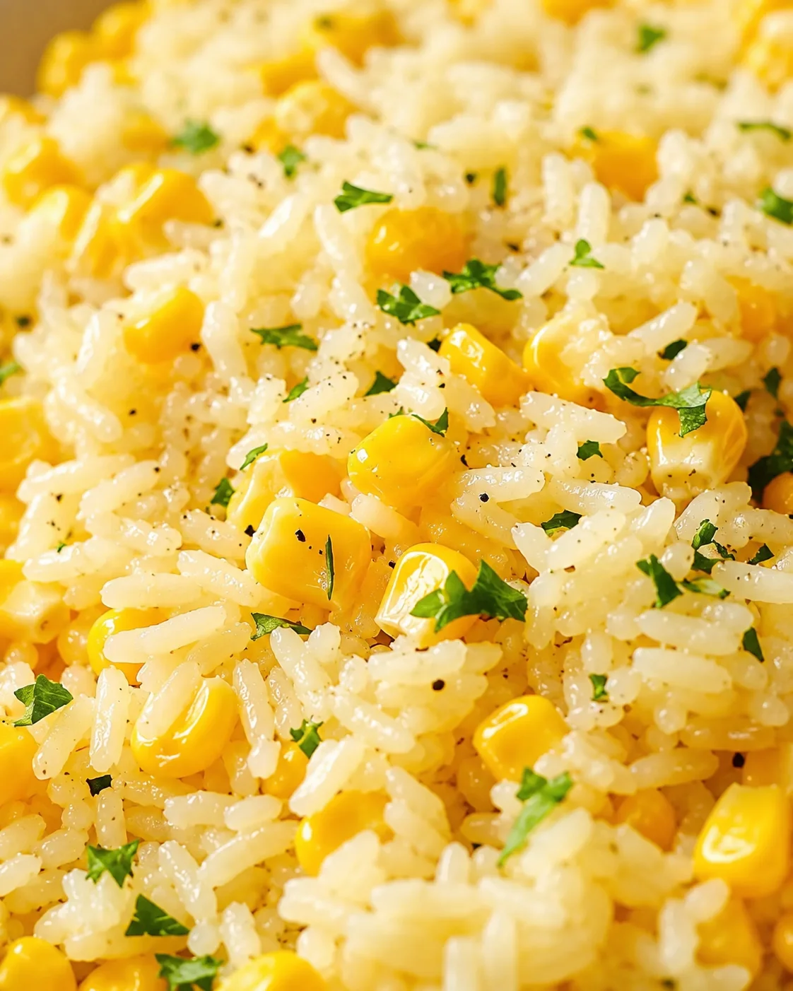close-up of white rice with corn kernels and parsley