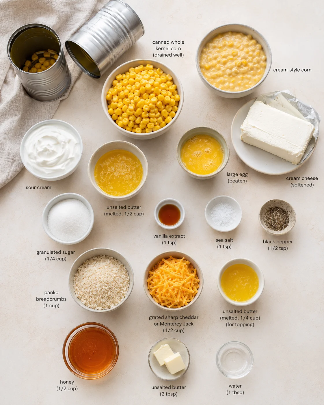 overhead shot of corn, dairy, and pantry ingredients arranged in bowls and cans for corn casserole