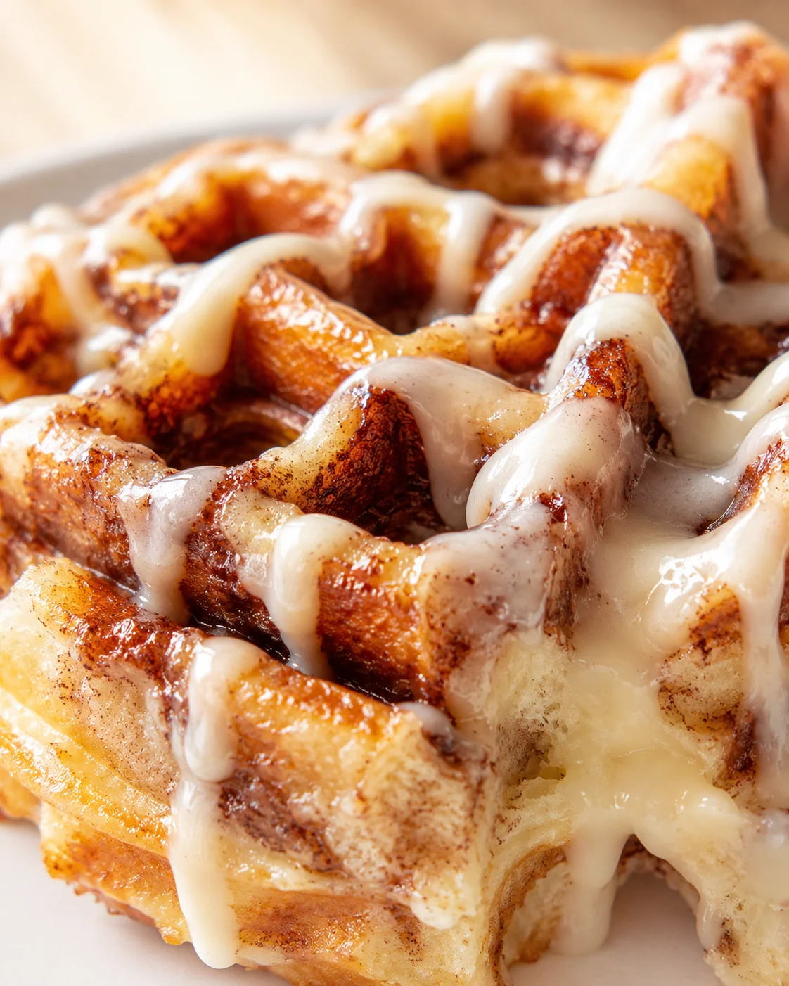 Close-up of cream-cheese glazed cinnamon rolls with glossy, golden-brown surfaces.