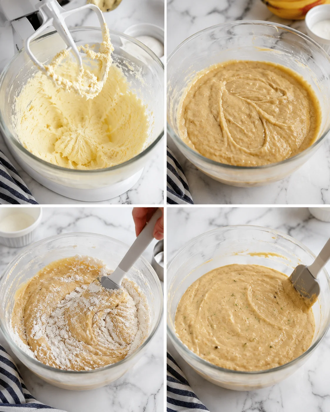 Collage of four bowls showing batter-making steps: creaming, mixing, adding dry ingredients