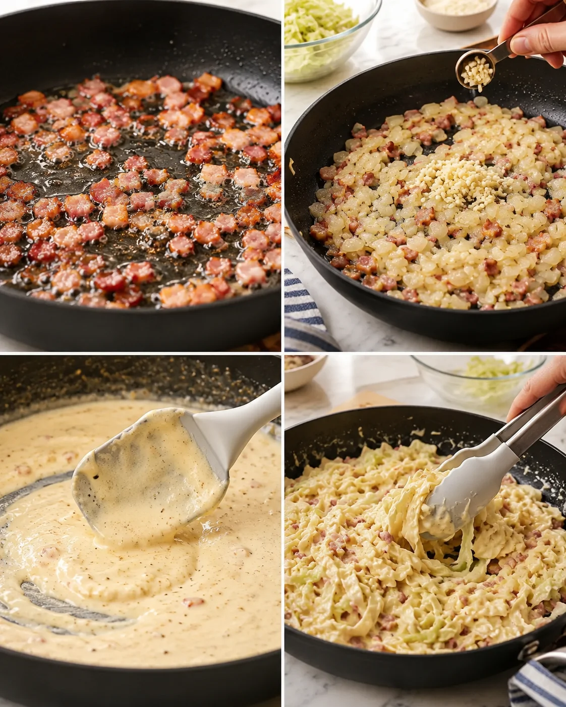 collage of bacon sizzling, onions cooking, creamy sauce, and pasta in a skillet