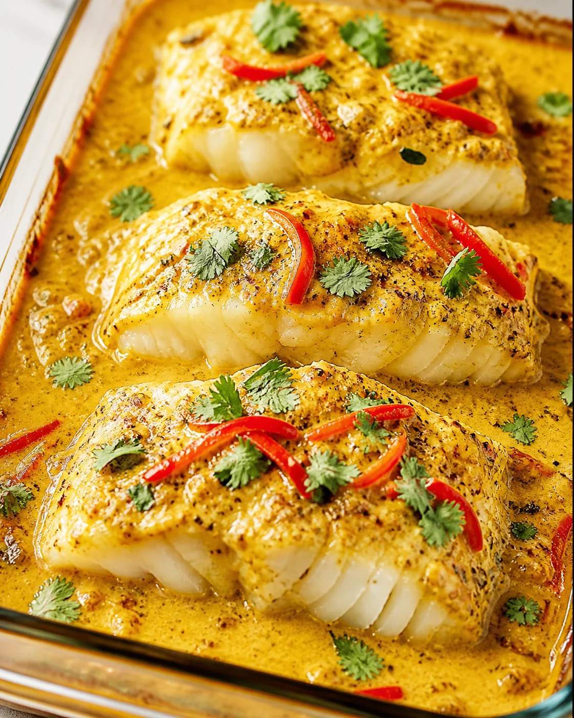 baked cod fillets in a golden creamy sauce, topped with cilantro and red chili slices