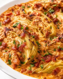 Close-up of braised fennel in a creamy bacon-tomato sauce, garnished with parsley.