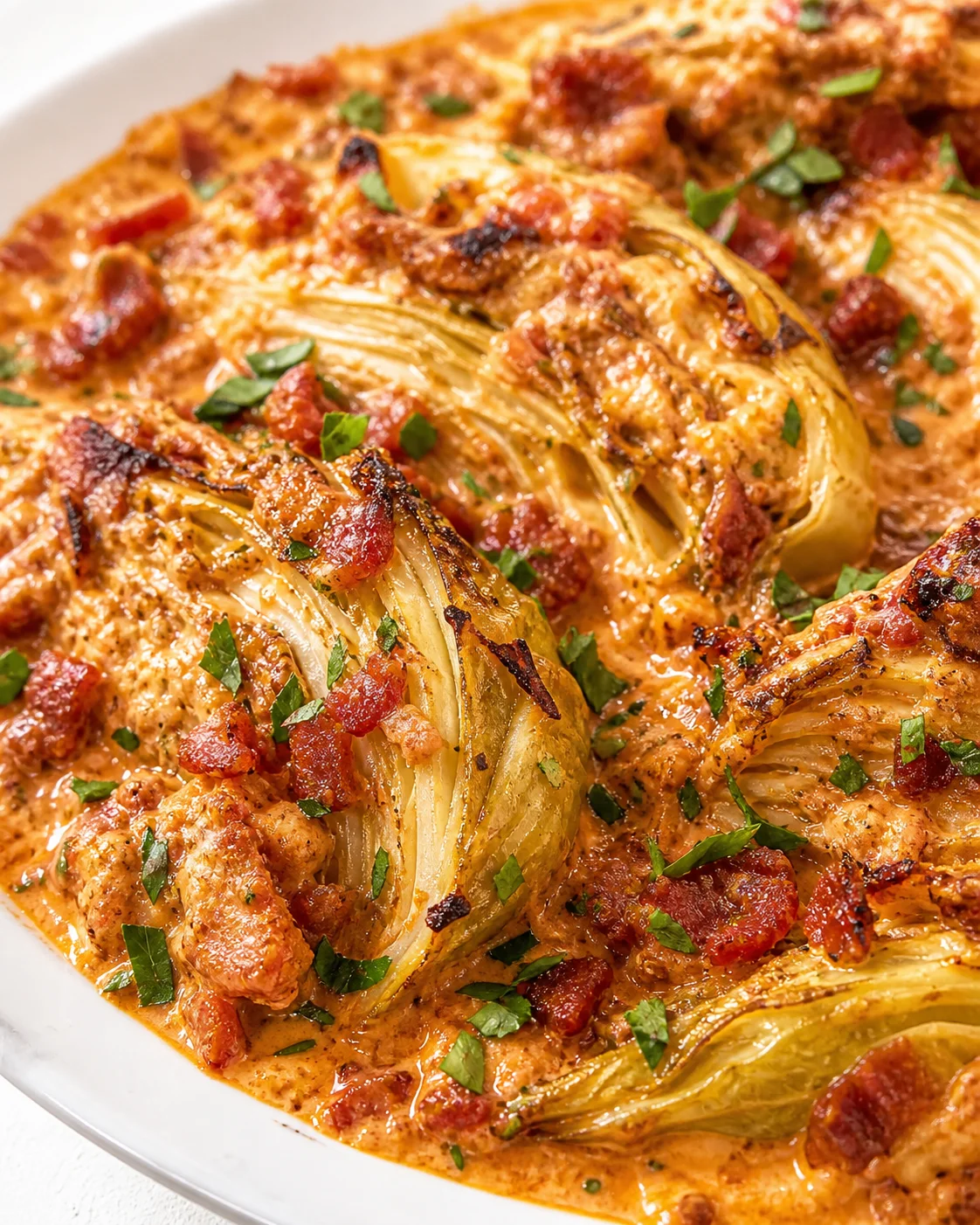 Close-up of braised fennel in a creamy bacon-tomato sauce, garnished with parsley.