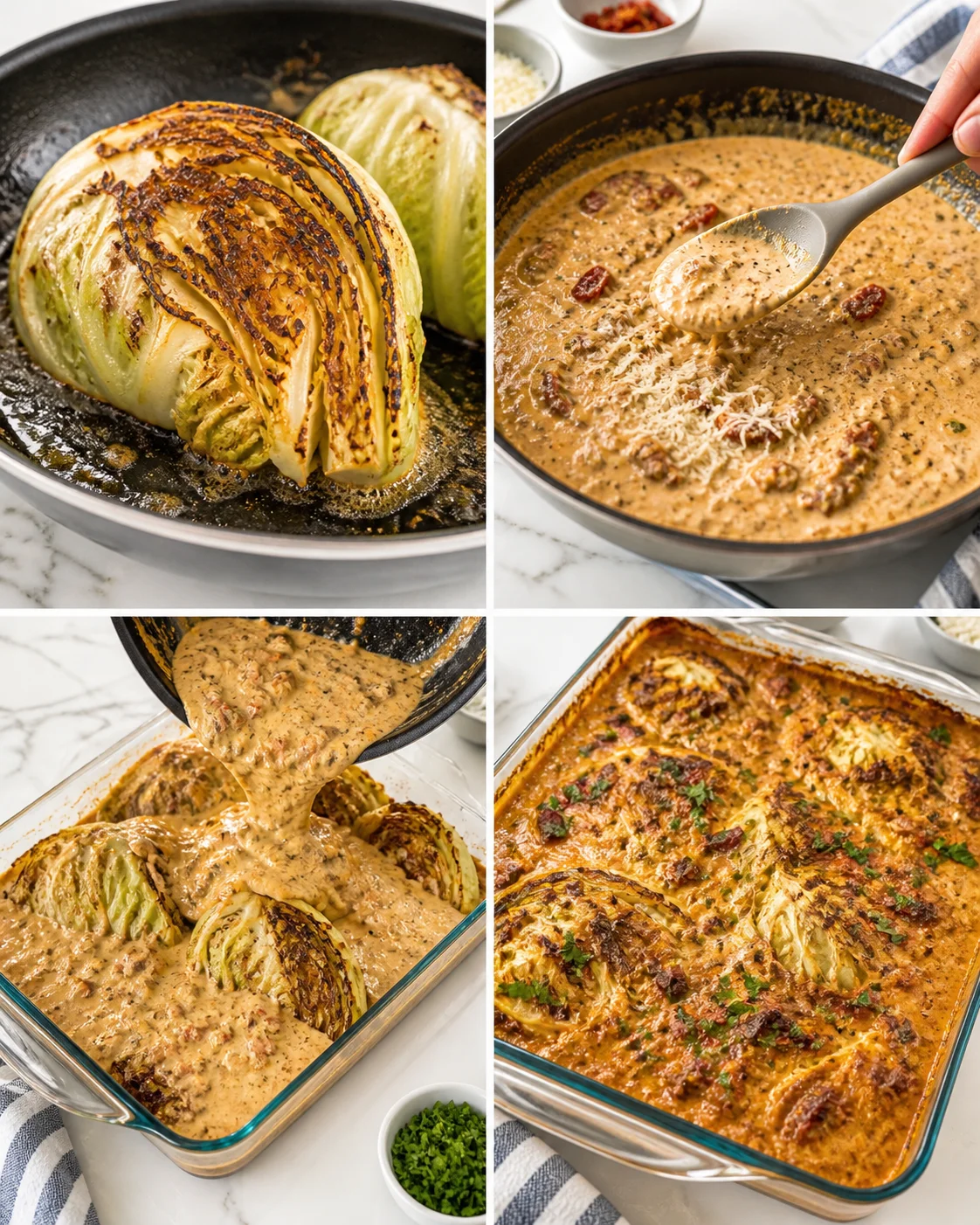 collage of roasted cabbage, creamy sauce being spooned, and baked cabbage casserole