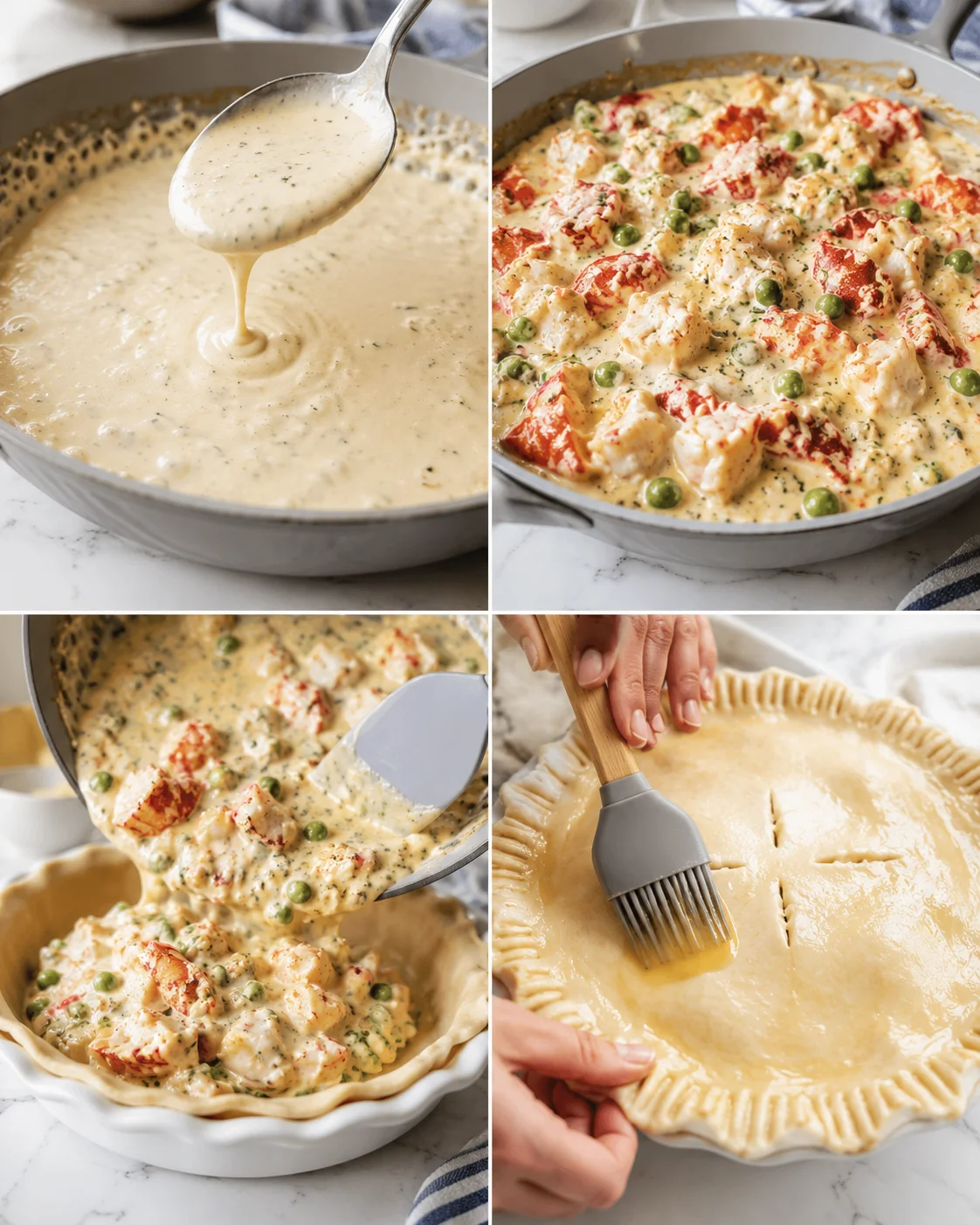 Collage showing creamy chicken pie steps: sauce spoon, peas and chicken filling, crust filling, and egg-washed crust