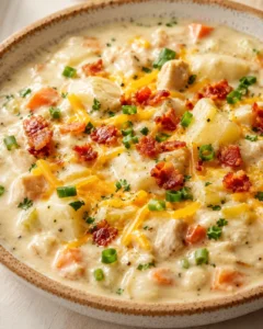 creamy chicken and potato skillet topped with crispy bacon and green onions