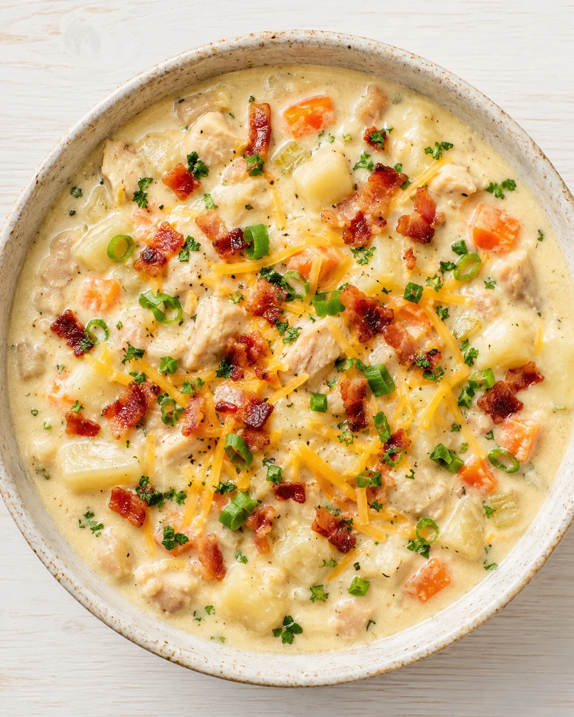 Creamy potato-chicken chowder in a speckled bowl topped with bacon, cheese, and green onions.