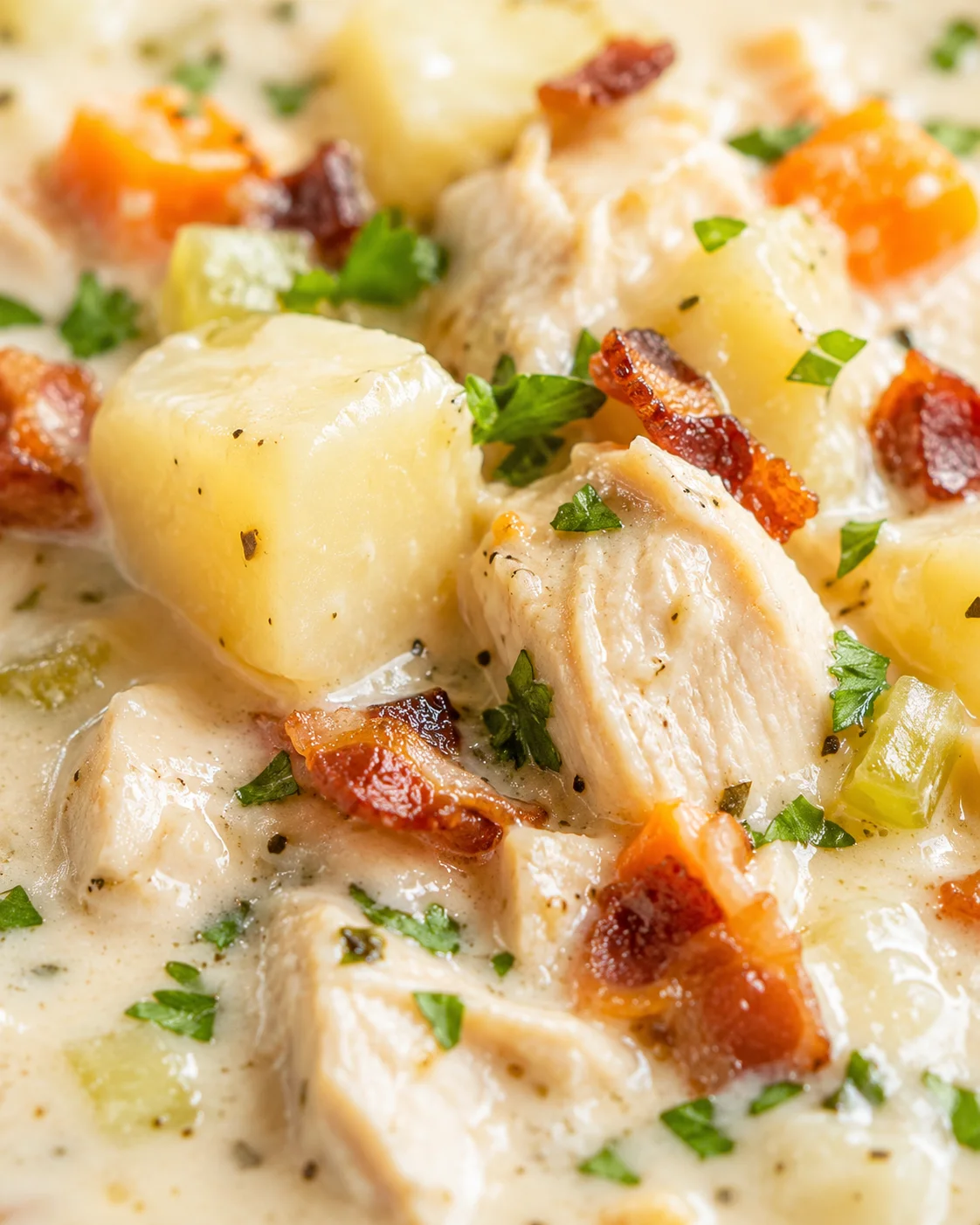 close-up of creamy chicken and potatoes with bacon bits and parsley