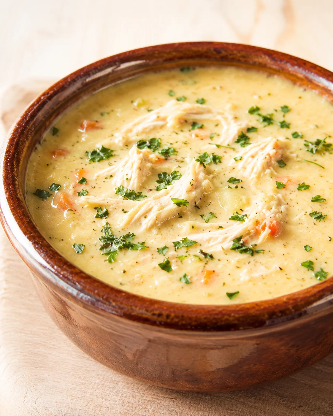 Rustic brown ceramic bowl of creamy chicken soup with parsley garnish on a light wooden surface