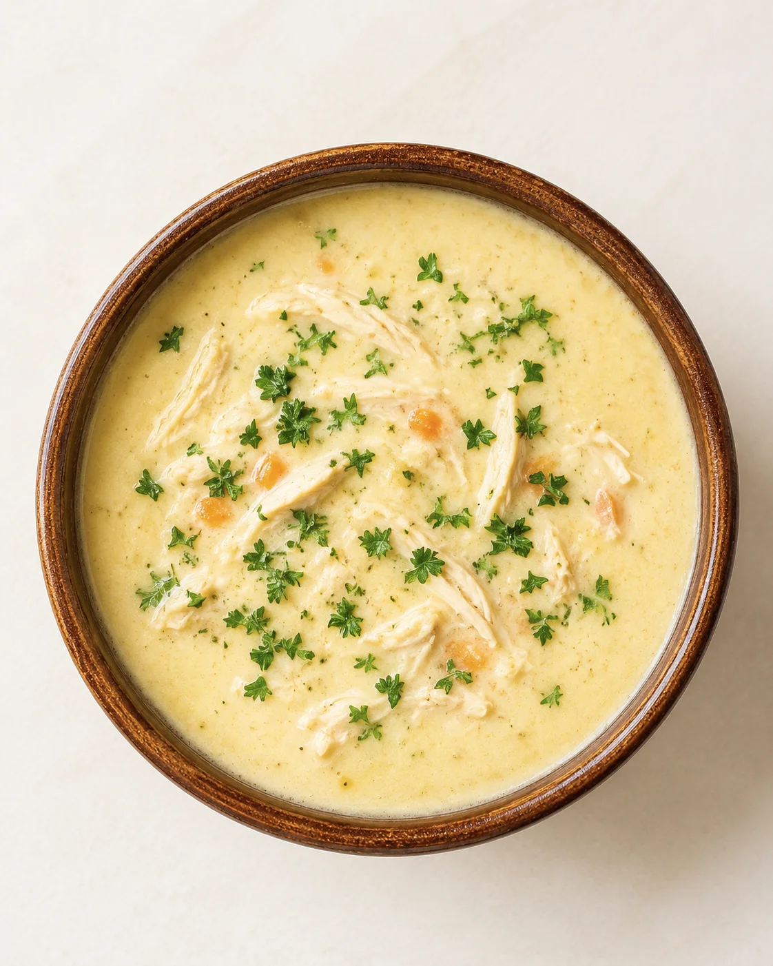 Top-down view of creamy chicken soup with shredded chicken and parsley in a brown ceramic bowl.
