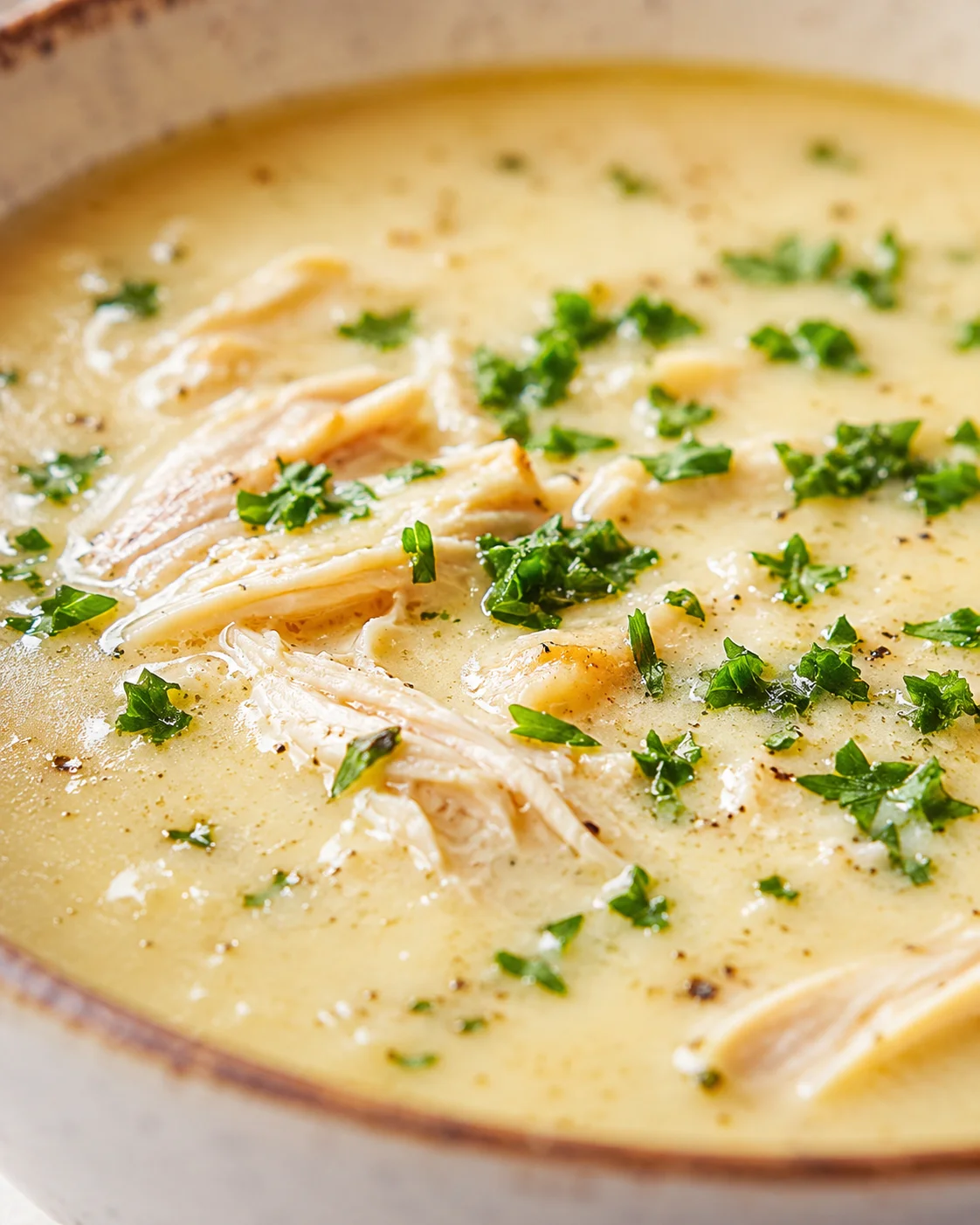 Creamy yellow chicken soup with shredded chicken and chopped parsley garnish.