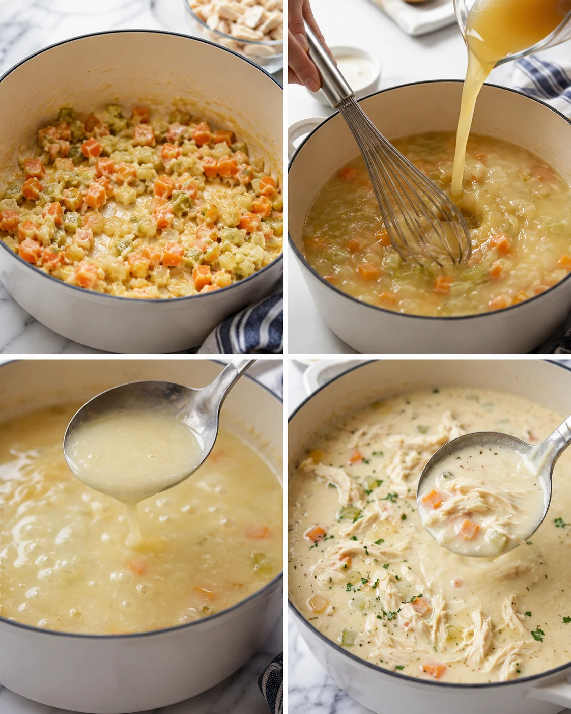 collage showing steps to make creamy chicken vegetable soup with diced carrots and celery