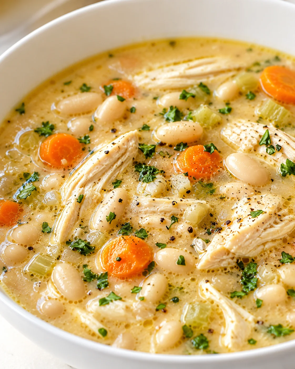 Close-up of a creamy chicken white bean soup with carrots, celery, and parsley in a white bowl.