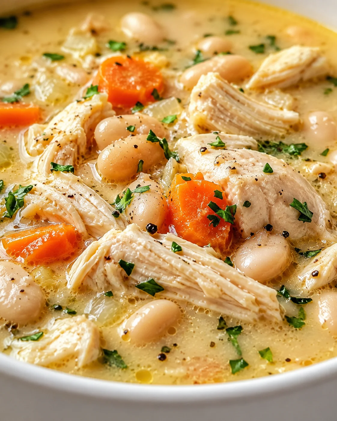 close-up of creamy chicken soup with shredded chicken, white beans, carrots, onions, and parsley