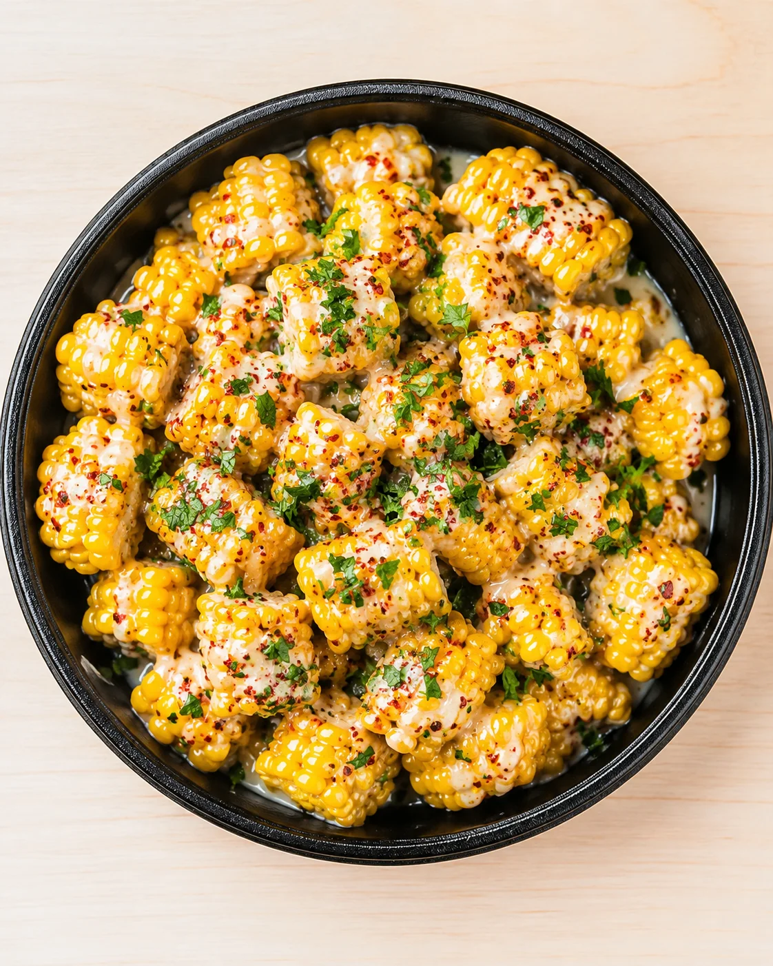 Bowl of corn kernels in creamy sauce, with red chili flakes and parsley.