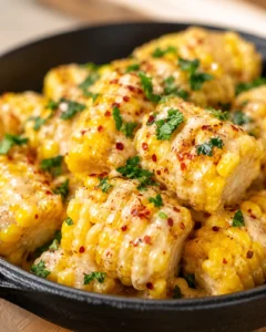 Corn kernels coated in a creamy sauce with red pepper flakes and cilantro in a skillet