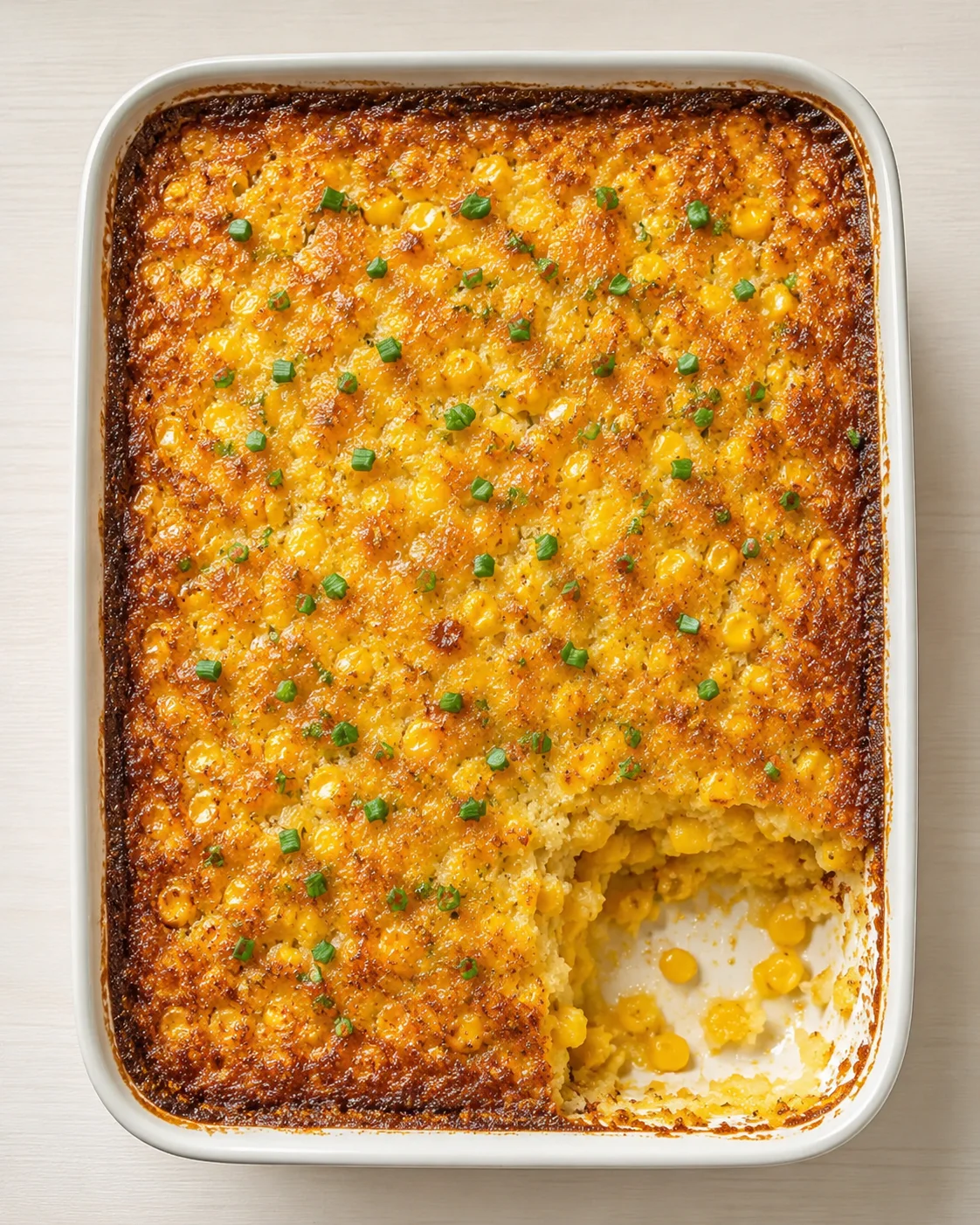 golden corn casserole in a white rectangular dish, with a scoop missing and green onion garnish