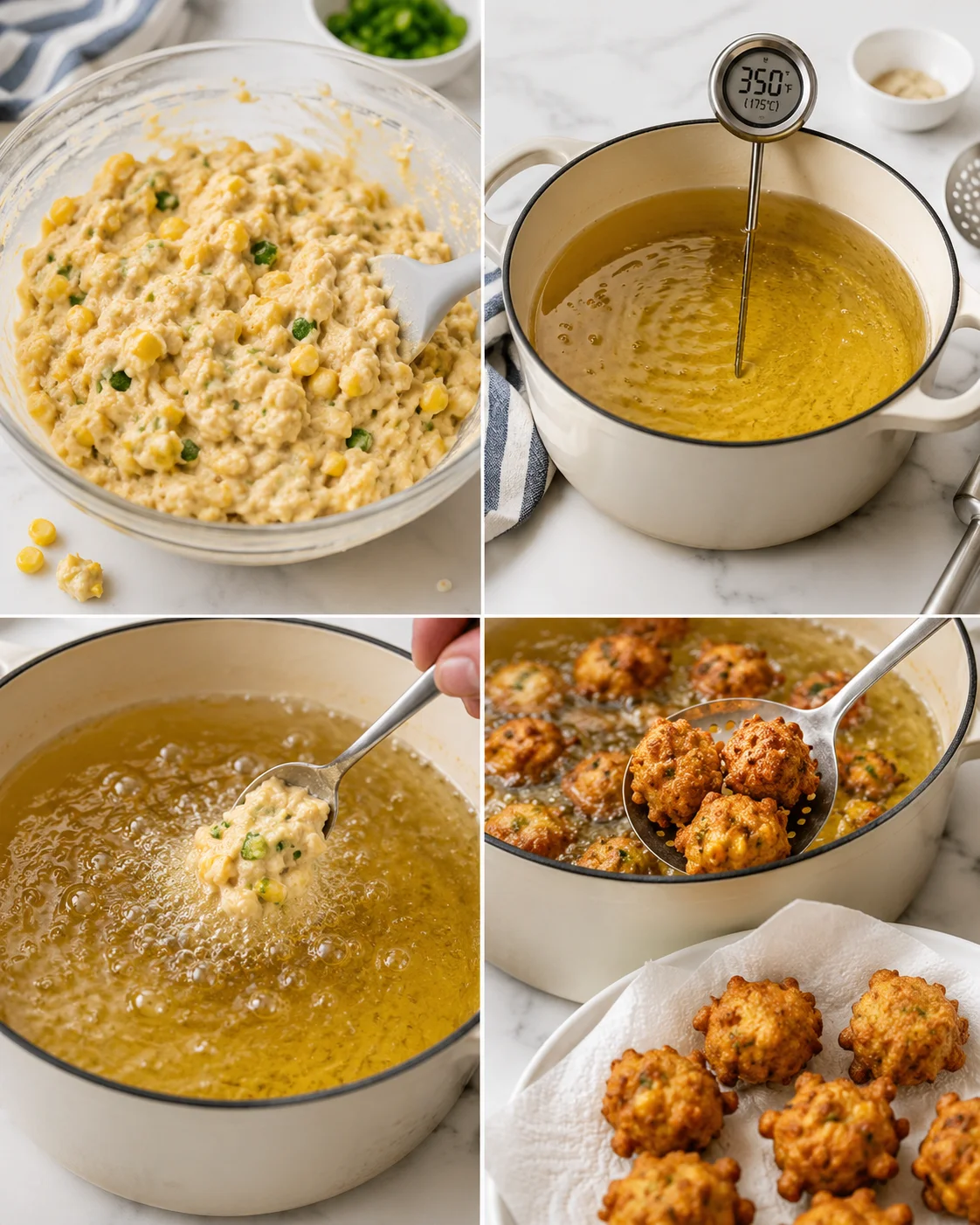 Collage of four cooking steps: creamy corn-chicken mixture, boiling soup with thermometer, and golden fried fritters.