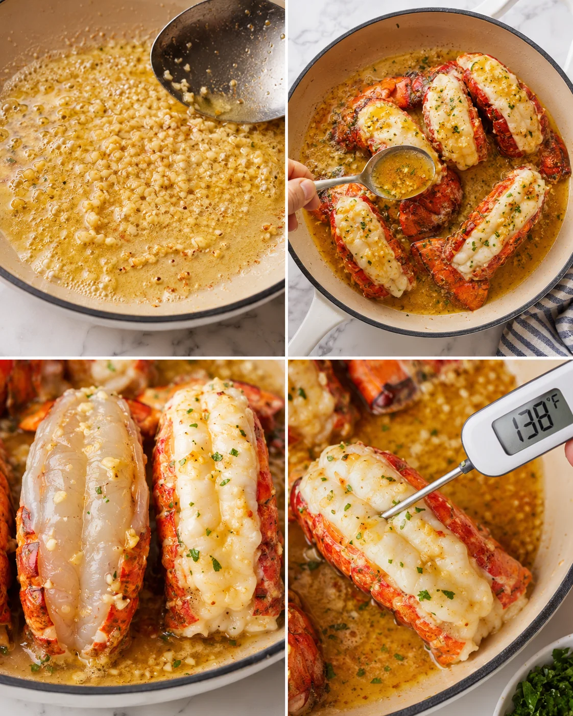 collage of four panels showing creamy corn sauce, lobster tails with cheese, and thermometer