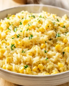 Steaming bowl of creamy corn and rice pilaf with parsley on a wooden table