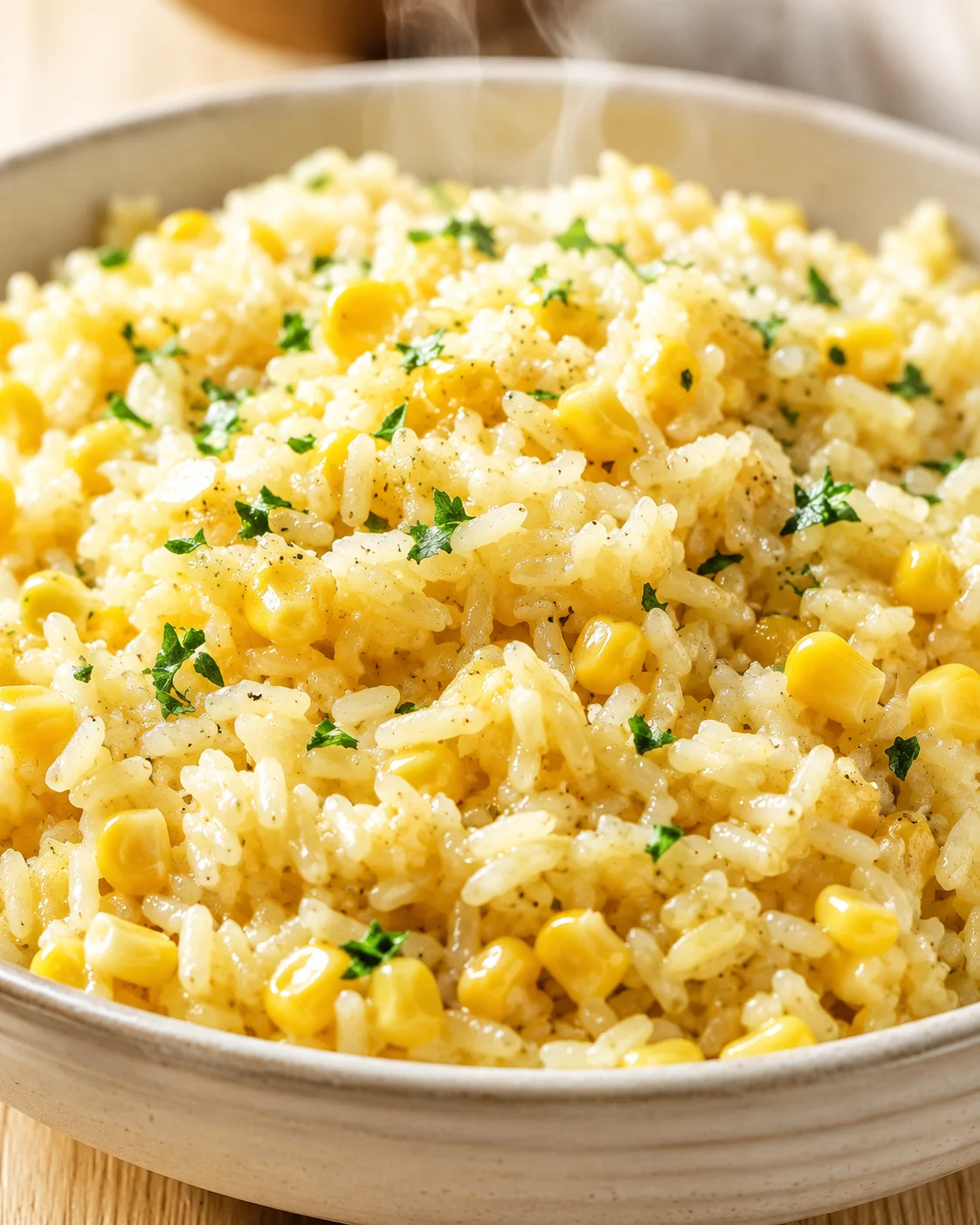Steaming bowl of creamy corn and rice pilaf with parsley on a wooden table
