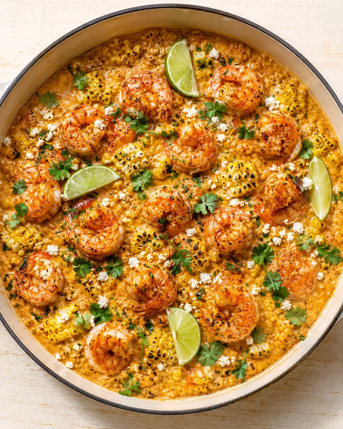 Shrimp in a creamy corn sauce in a skillet with lime wedges and cilantro