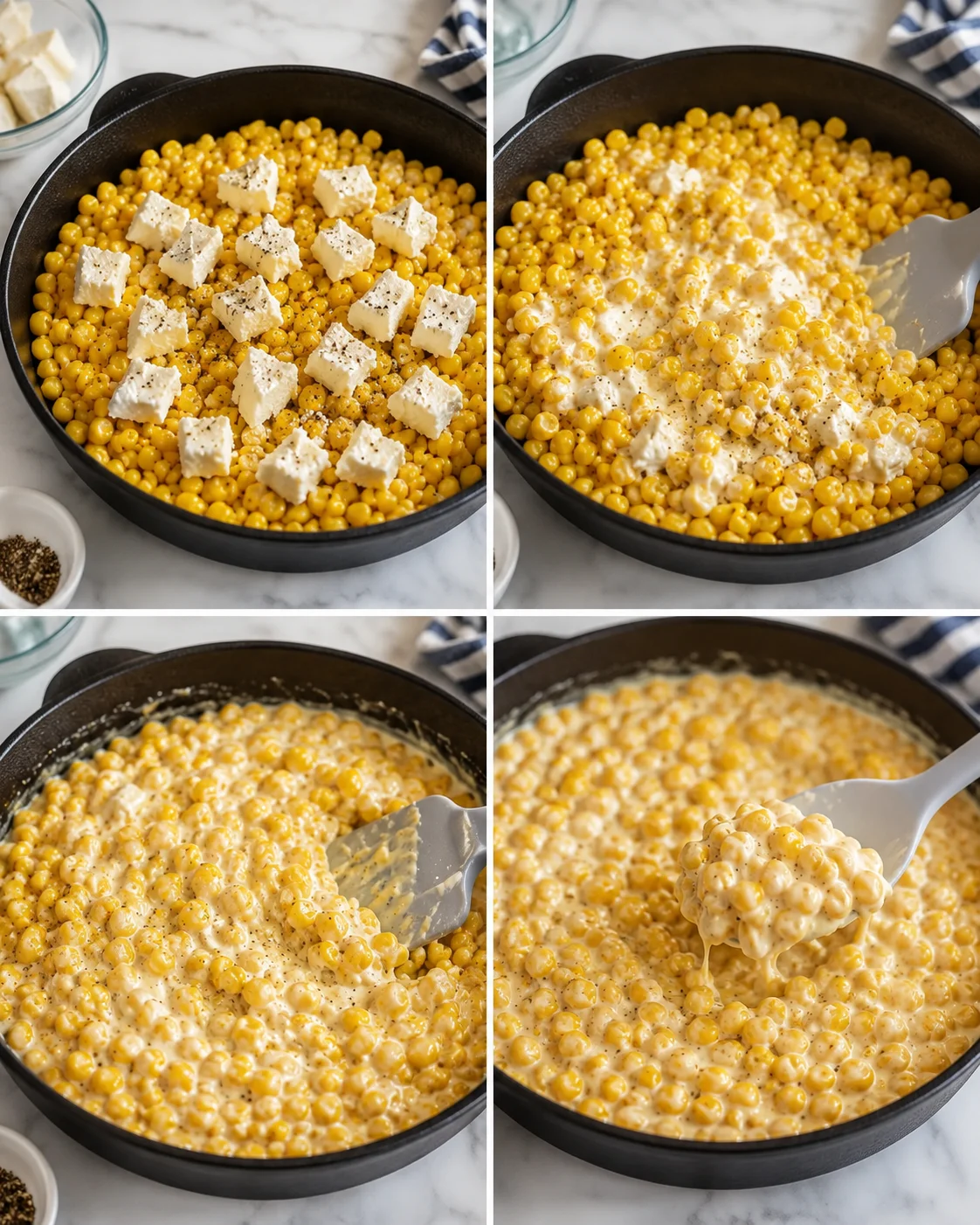 four-panel collage showing corn kernels with feta cheese in a skillet, becoming creamy and saucy