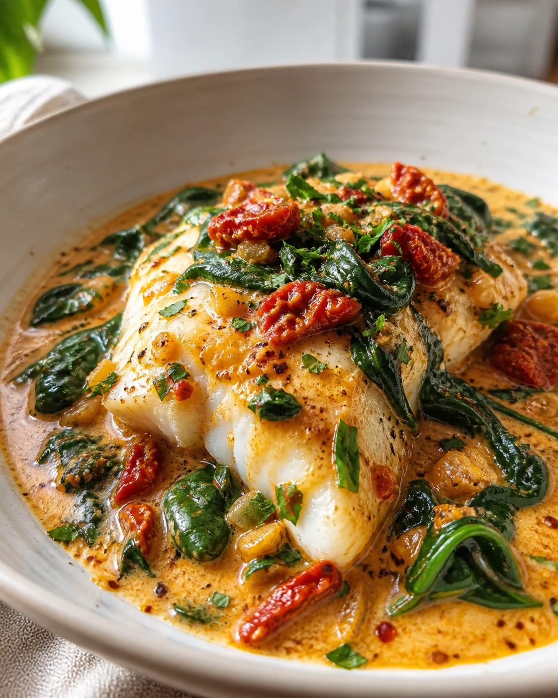 Plated white fish in orange creamy sauce with spinach and sun-dried tomatoes