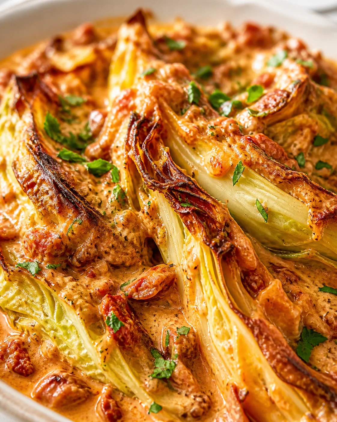 baked fennel gratin with creamy cheese sauce and parsley garnish