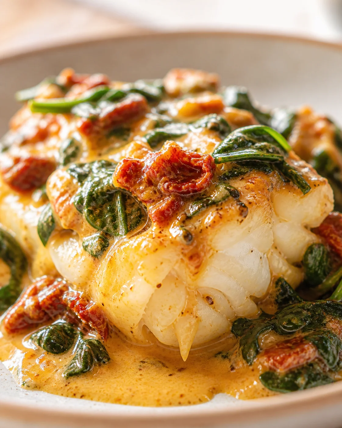 Close-up of a plated gnocchi dish with spinach and sun-dried tomatoes in creamy sauce