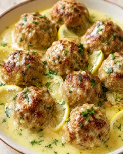 browned meatballs in a creamy lemon-herb sauce, garnished with parsley and lemon slices