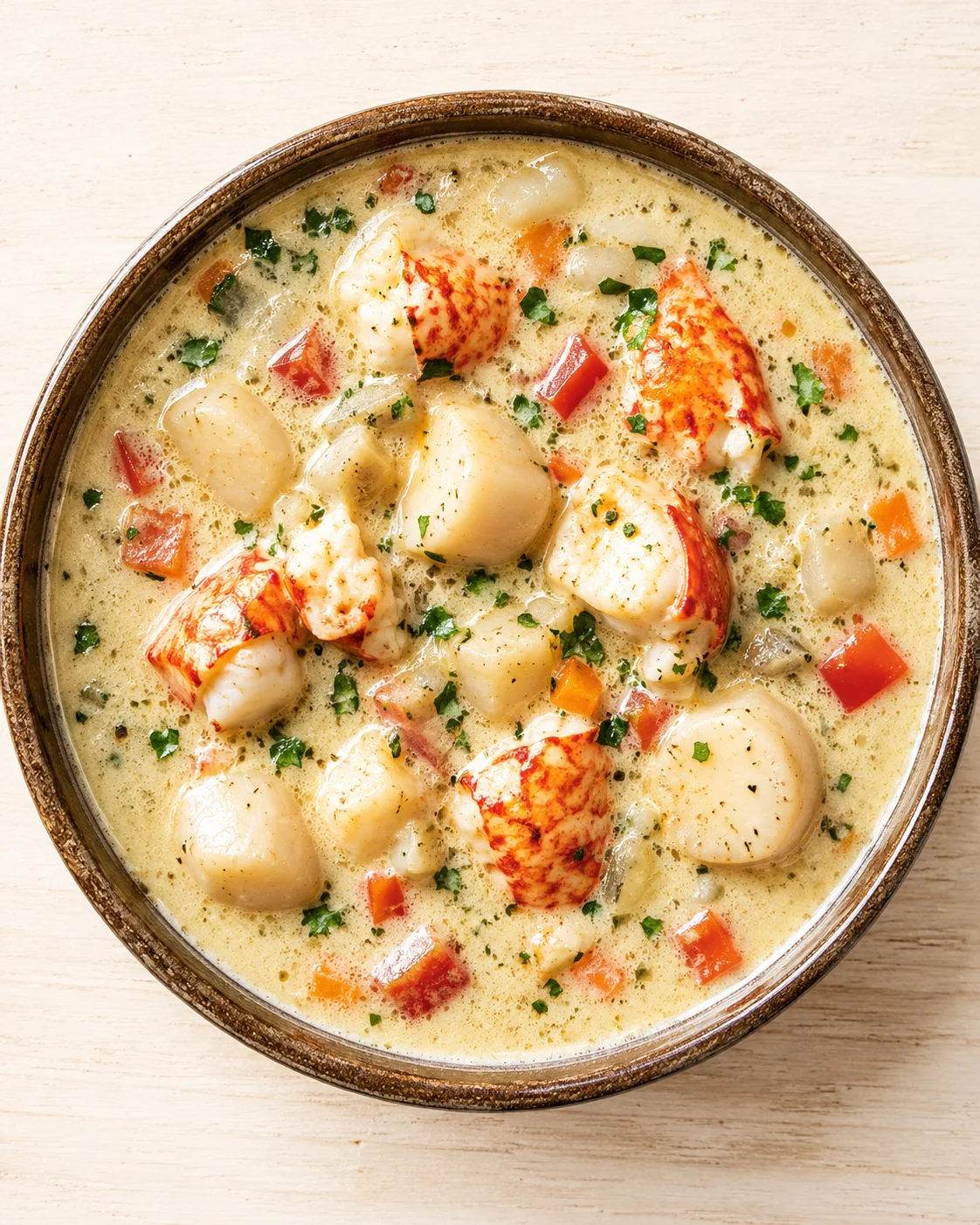 Creamy lobster bisque with lobster chunks, red peppers, and chopped parsley in a rustic bowl.