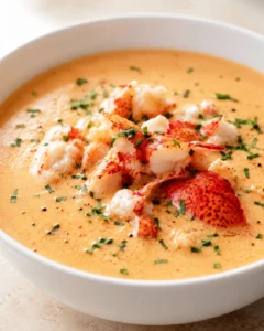 Creamy orange lobster bisque with lobster meat and herbs in a white bowl
