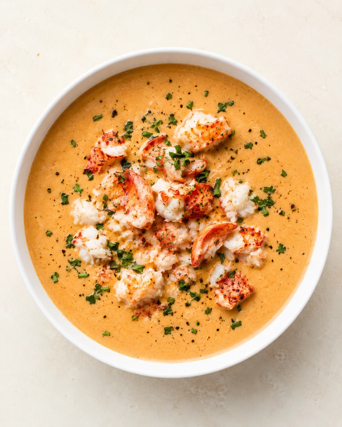 Creamy orange lobster bisque in a white bowl topped with lobster chunks and herbs.