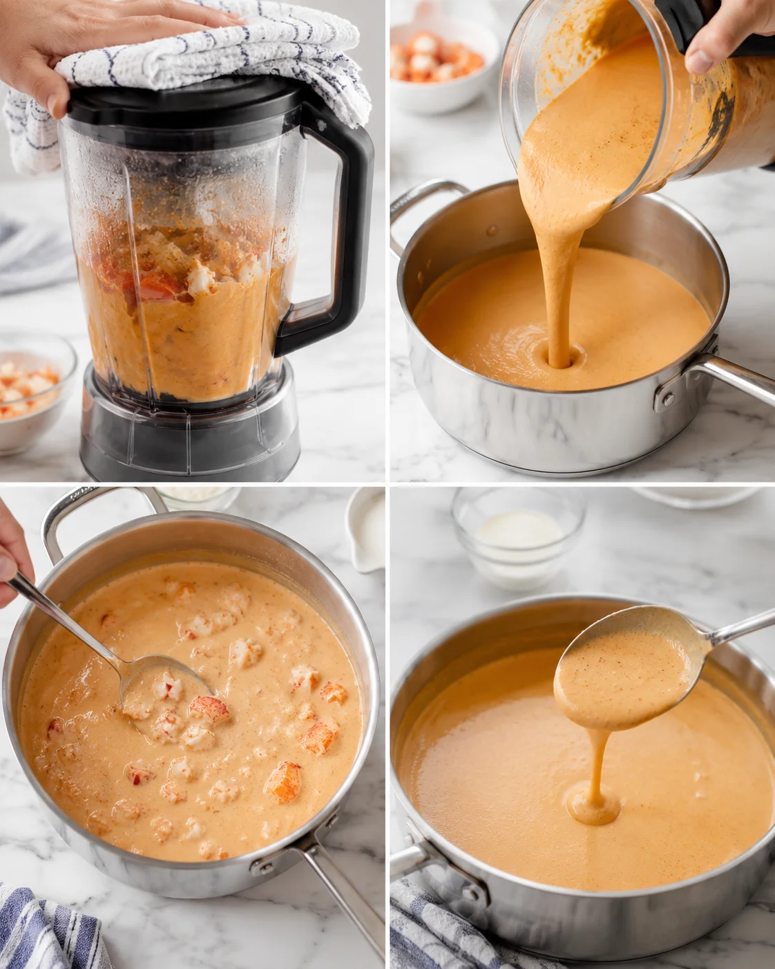 Collage of blender, saucepan, and ladle with creamy lobster bisque.