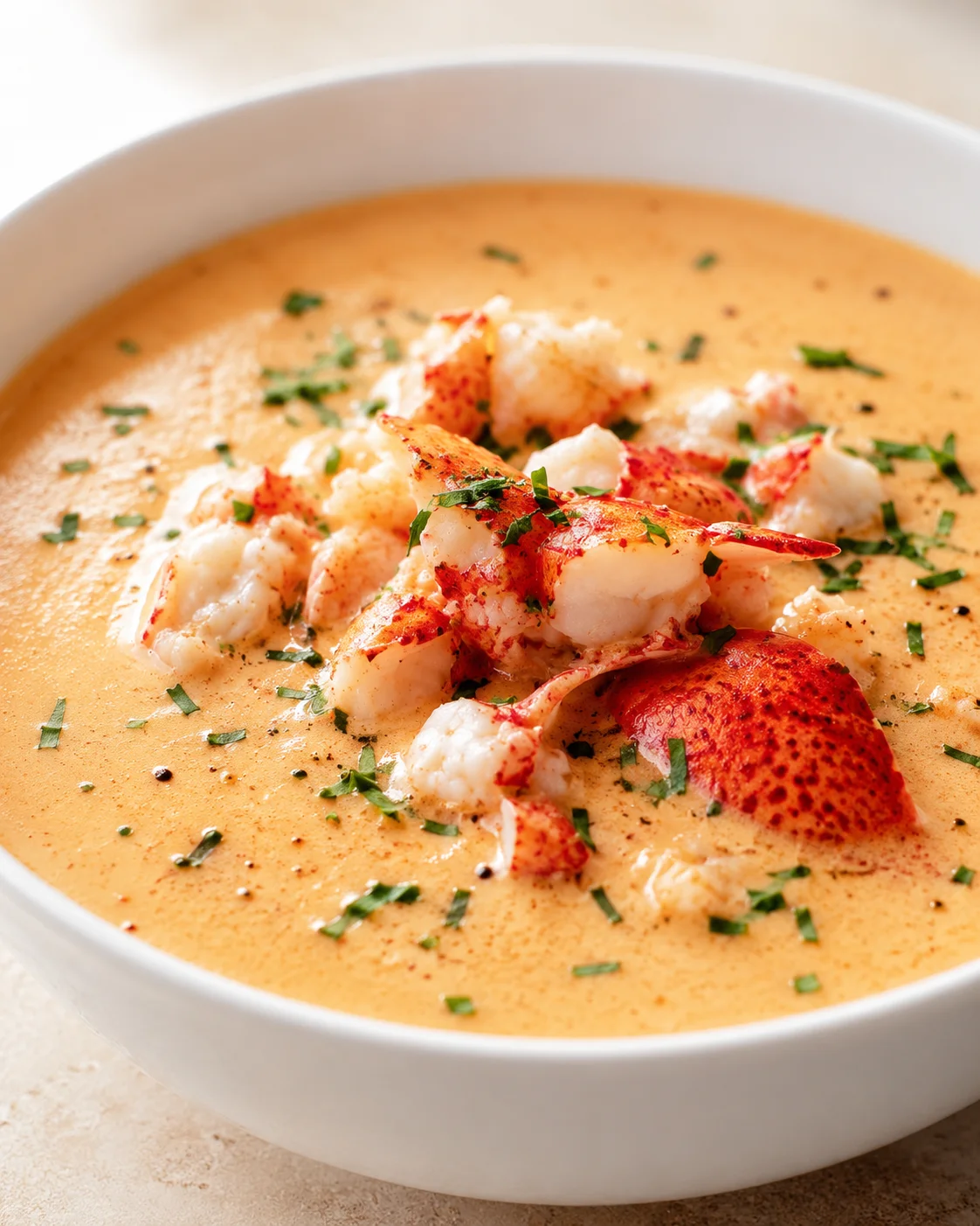 Creamy orange lobster bisque with lobster meat and herbs in a white bowl