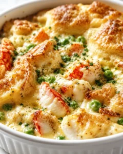 Creamy lobster-cheese gratin with peas in a browned, bubbly sauce in a white dish.
