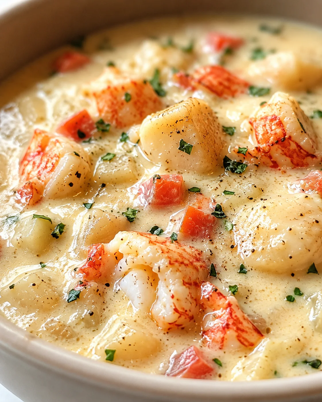 Creamy lobster and potato chowder with parsley garnish in a pot.