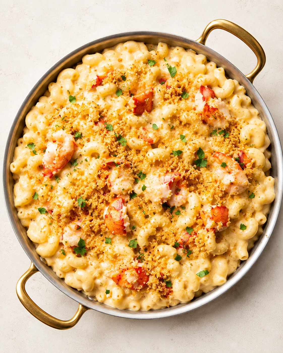 Round pan with golden handles containing creamy lobster macaroni and cheese topped with breadcrumbs and parsley