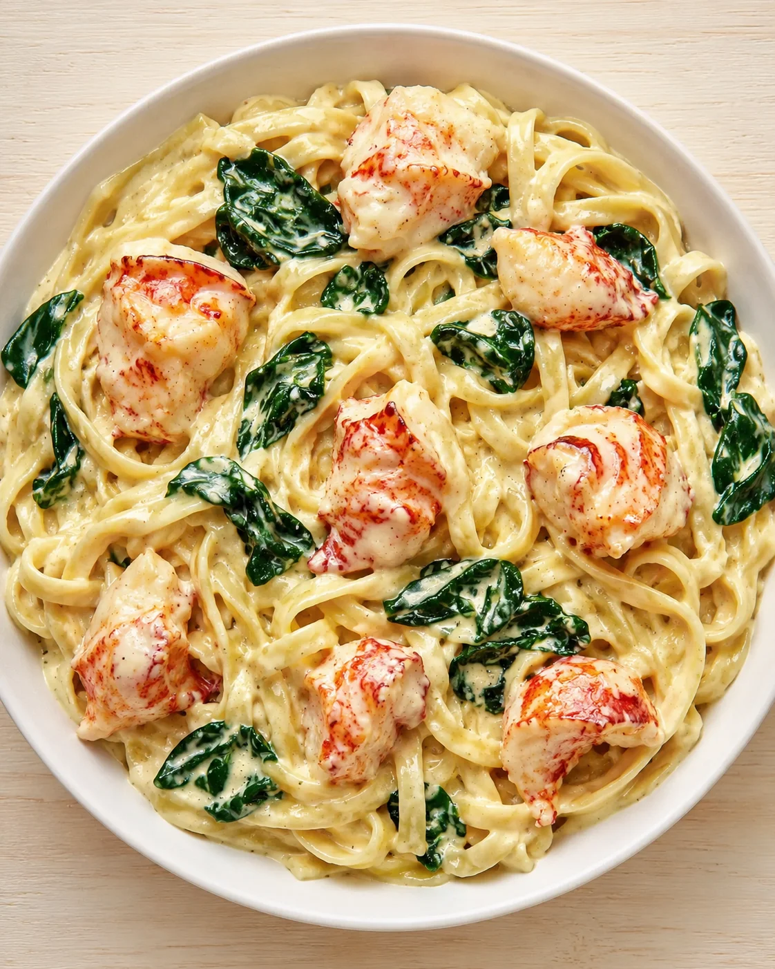 top-down view of creamy lobster pasta with spinach in a white bowl