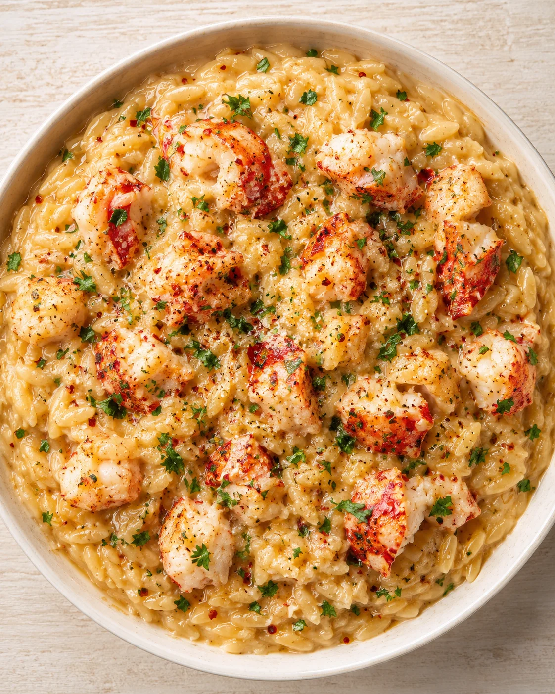 Creamy lobster pasta with seared lobster chunks, garnished with parsley, in a white bowl.