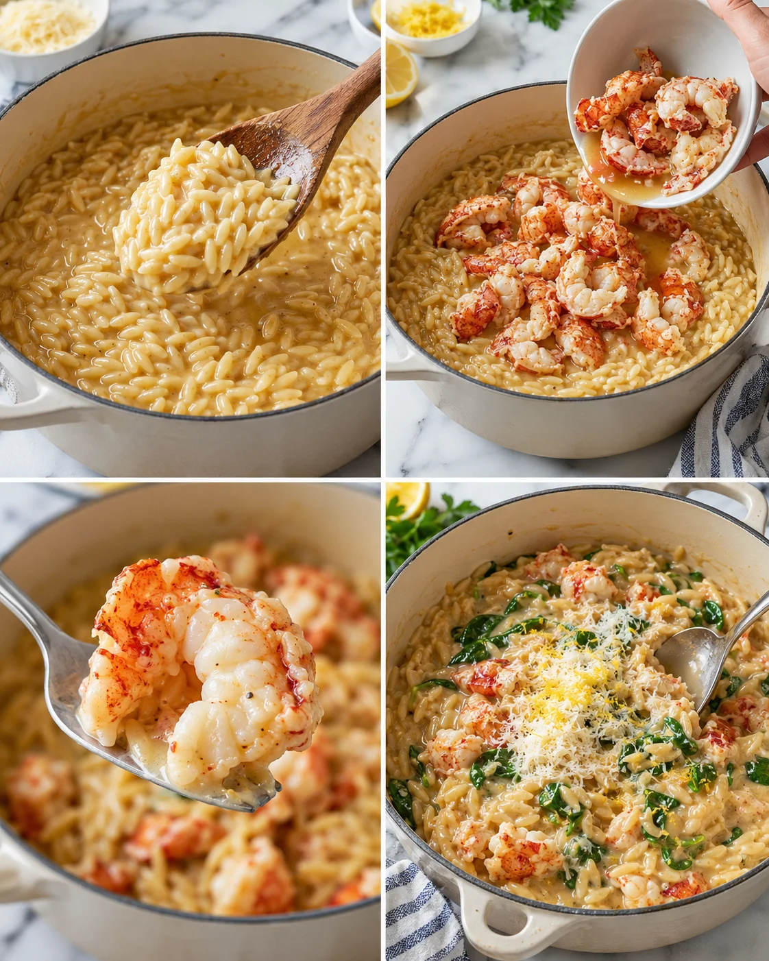collage of creamy lobster pasta in a white enamel pot with lobster chunks and parmesan