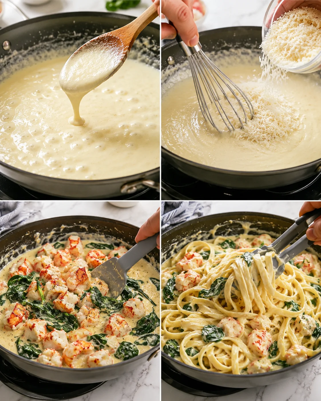Four-panel collage showing creamy sauce, grated cheese, lobster chunks with spinach, and noodles being tossed.