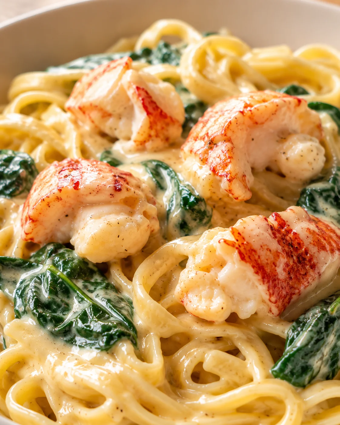 Lobster tail chunks on creamy pasta with wilted spinach in a glossy sauce.