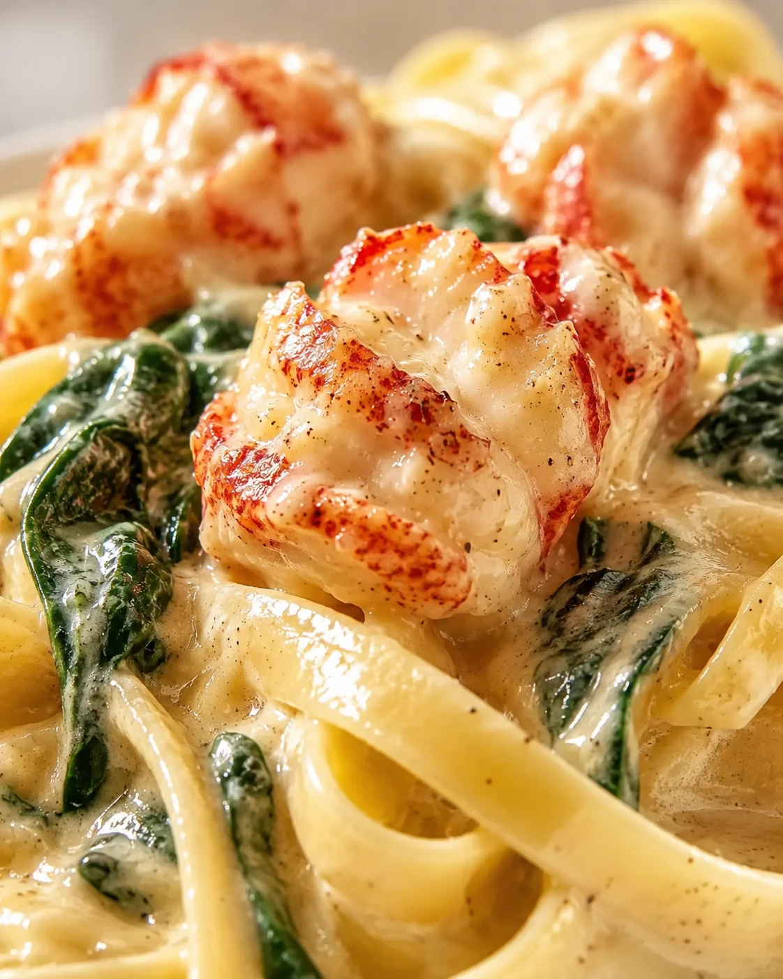 Close-up of lobster tail atop creamy pasta with wilted spinach and glossy sauce.