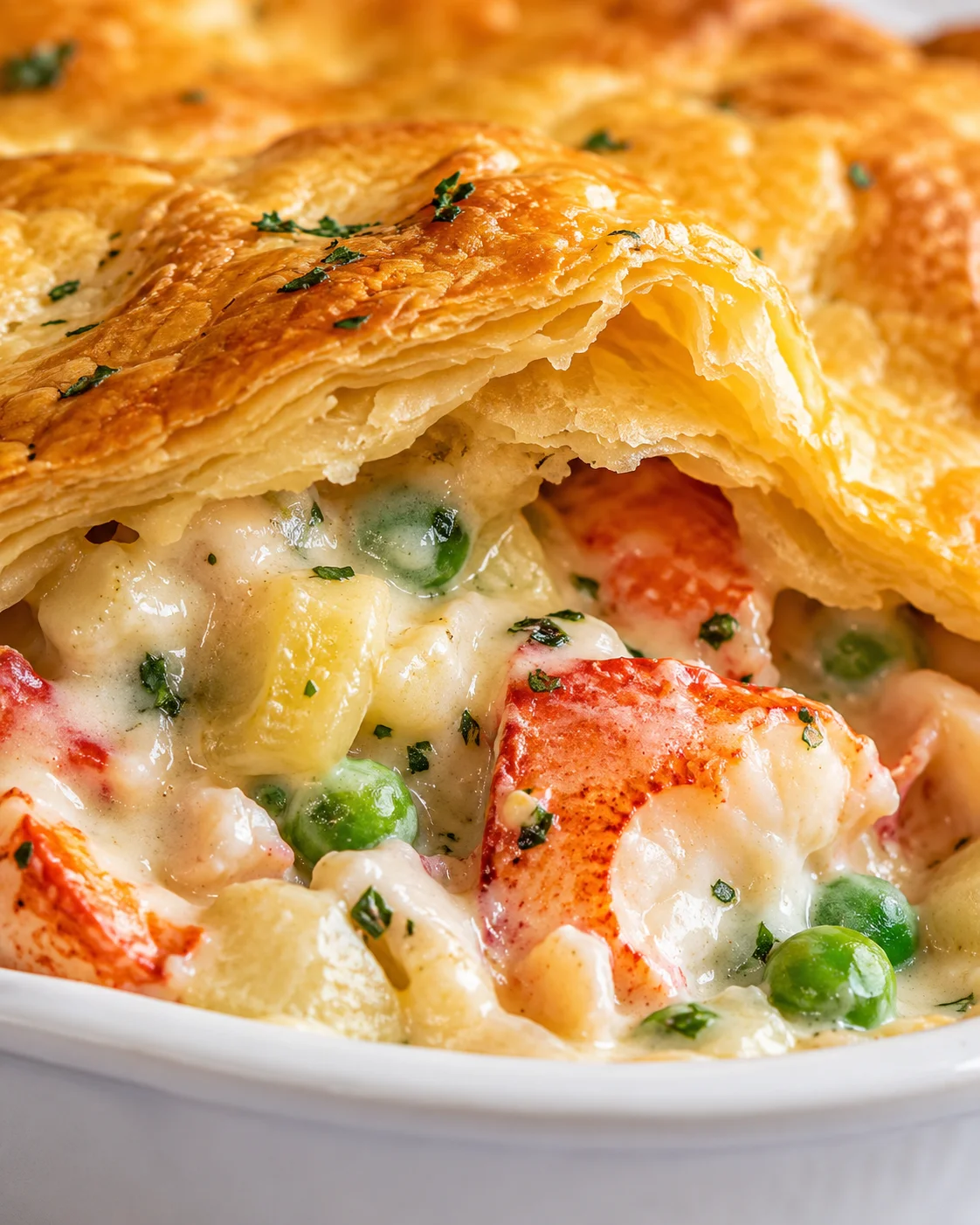 Golden puff pastry crust opened to reveal creamy lobster filling with peas and potatoes on a white dish