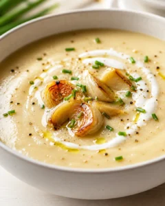 bowl of creamy onion soup topped with roasted onion slices and chives